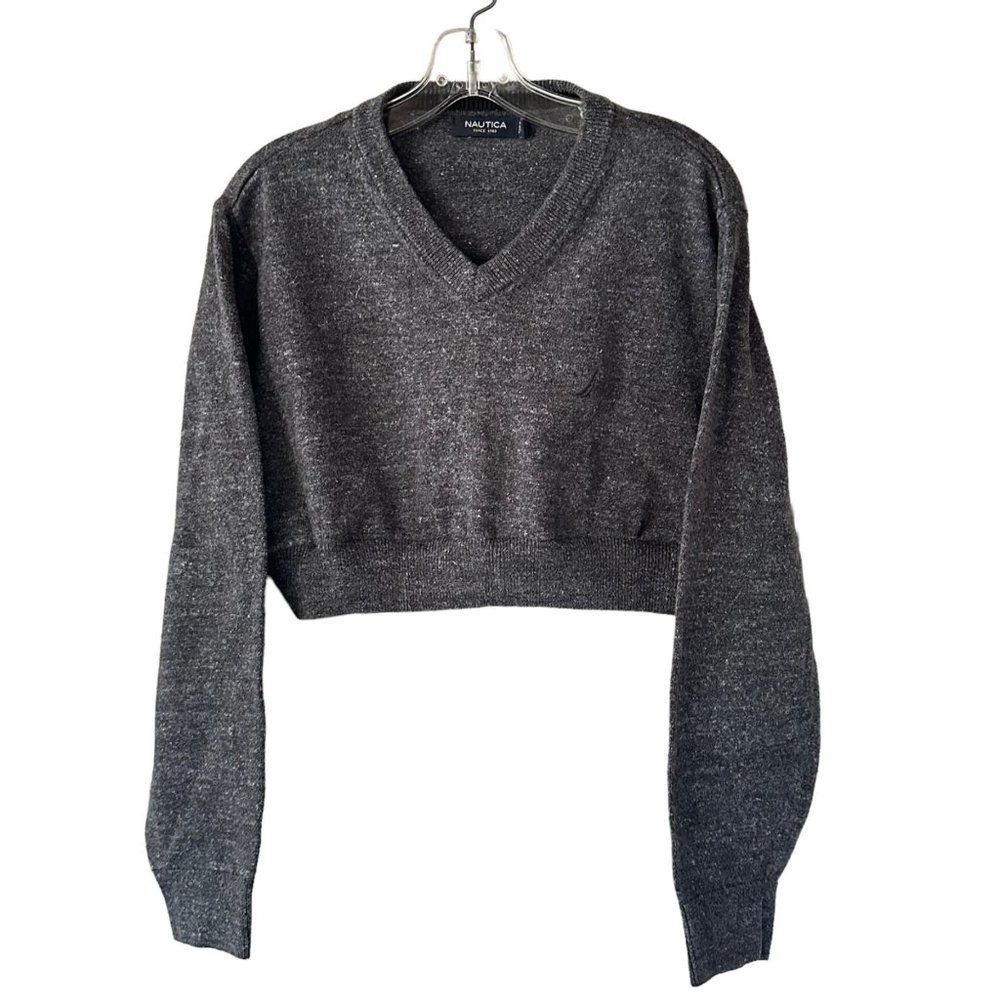 Custom Cropped Nautica Sweater Medium V Neck Preppy Classic Gray Upcycled